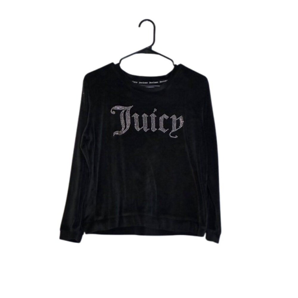 Juicy Couture Black Velour Rhinestone 'Juicy' Logo Top Womens Medium Trendy Y2k